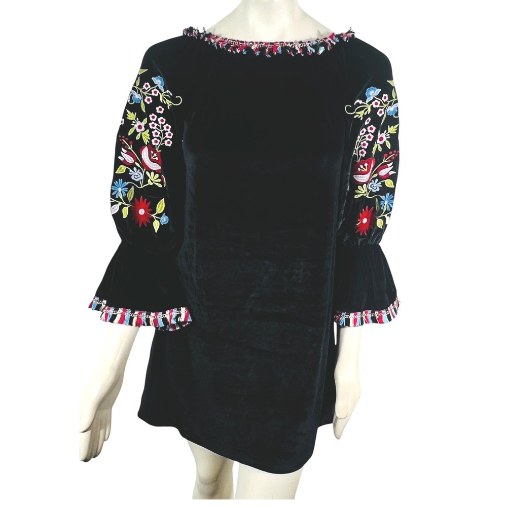 NWT Velzera Velvet Floral & Bird Embroidered Fringed Black Dress Size Small Boho